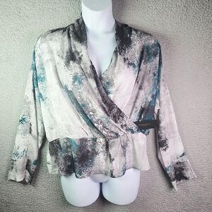 Donna Karan New York Peplum Blouse XL Turquoise Abstract Print Surplice
